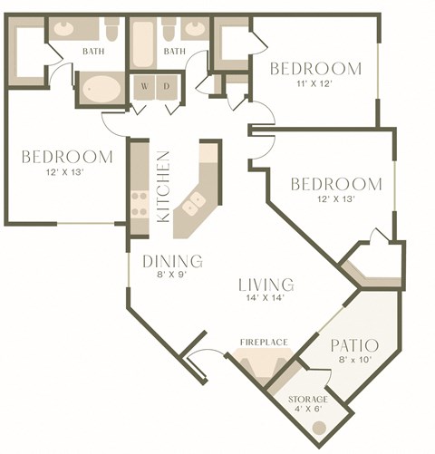 Floor plan for 3 beds, 2 baths, 1217 sqft